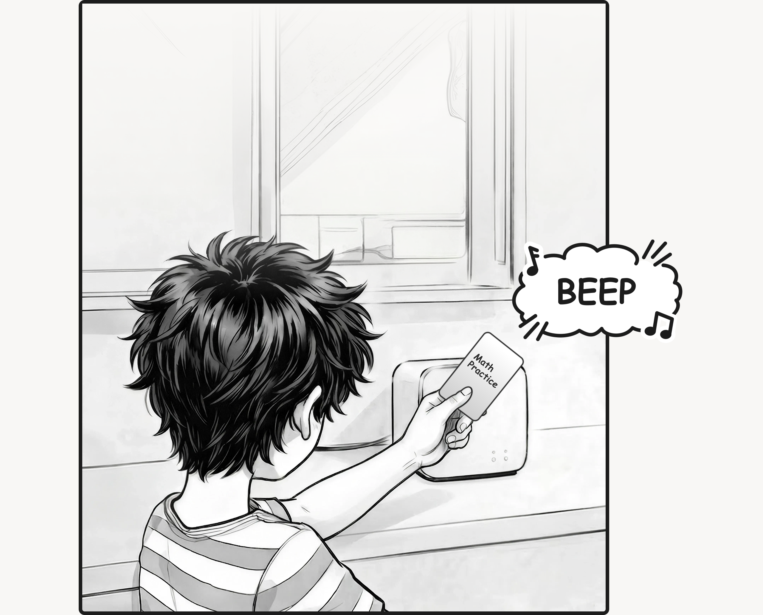 A child taps a Math Practice card on the connected home device.